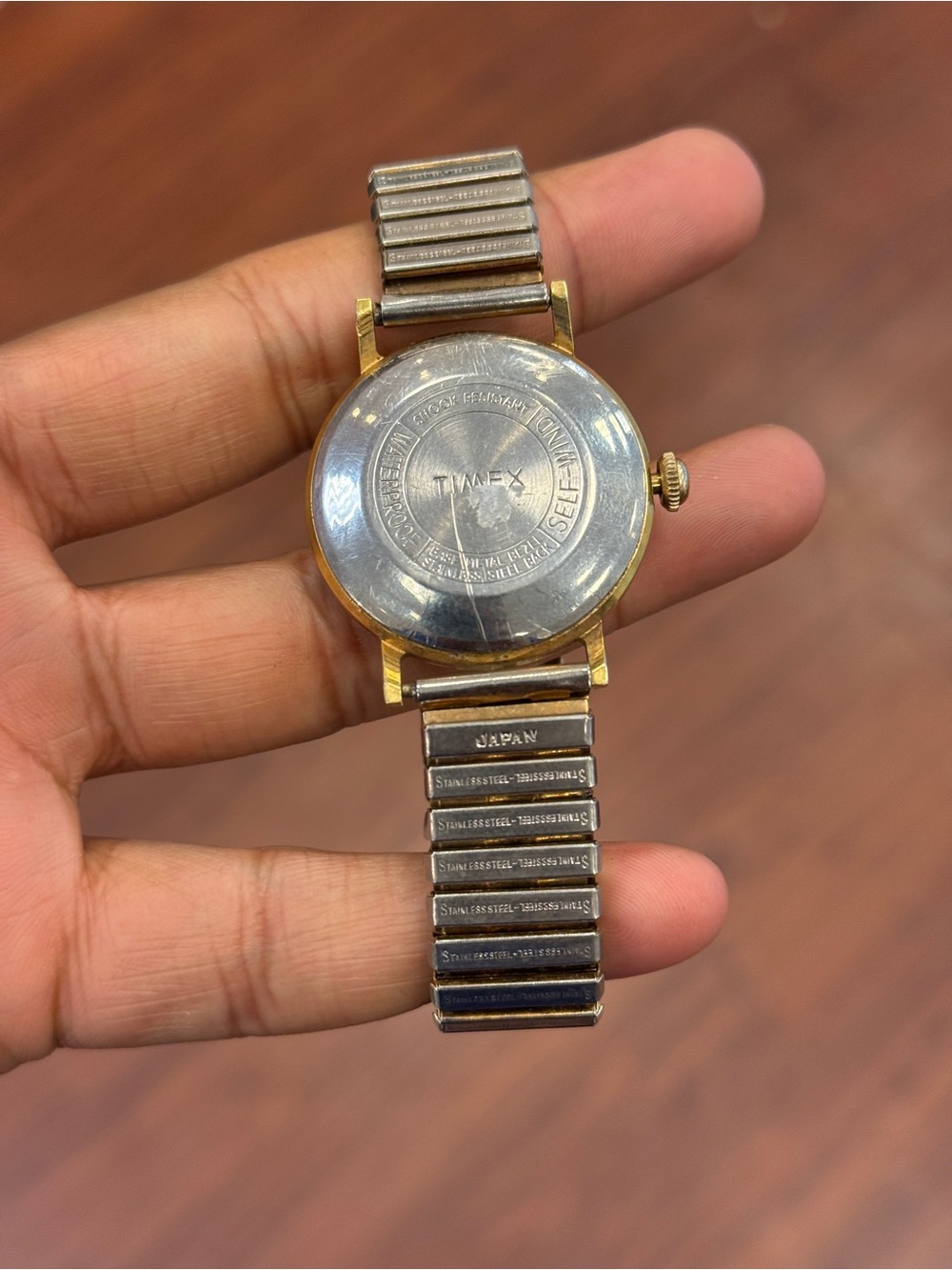 Timex Gold-Tone Vintage Self-Wind Watch with Two-Tone Stretch Band - Picture 5 of 8